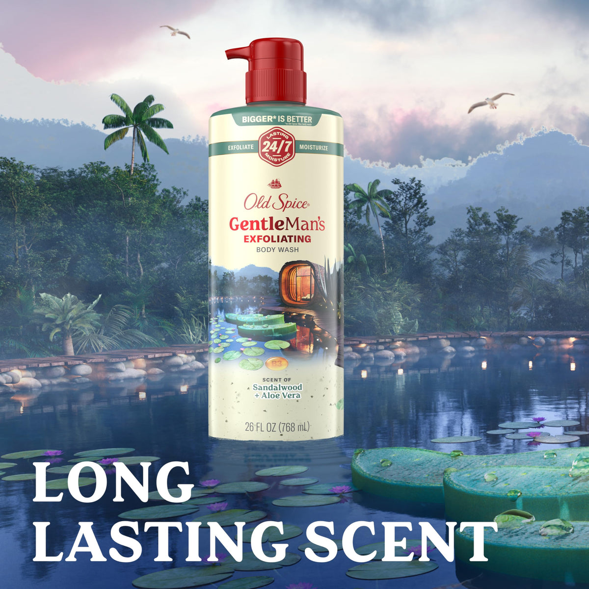 Old Spice GentleMan's next to a common shampoo to show the 26 oz scale and long-lasting supply benefit