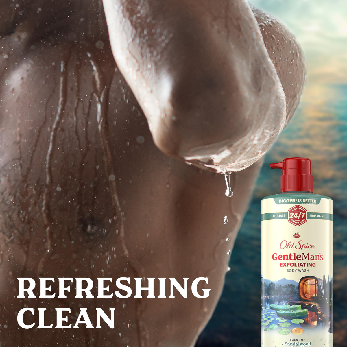 Old Spice GentleMan's in-shower scene showing product use and refreshed skin benefit