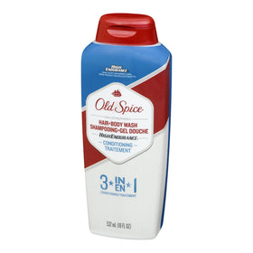 Old Spice bottle in shower being used for hair and body, quick routine benefit