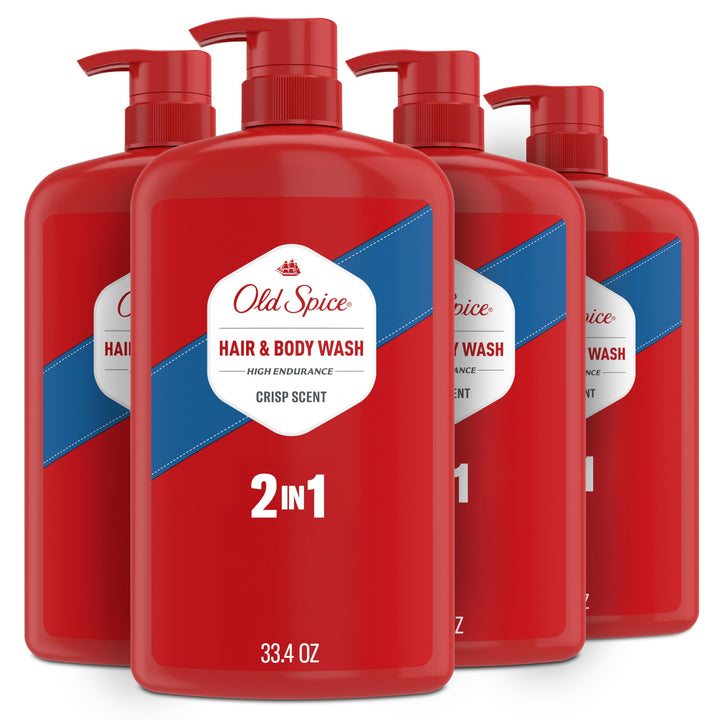 Old Spice bottle front packaging showing crisp scent and benefits