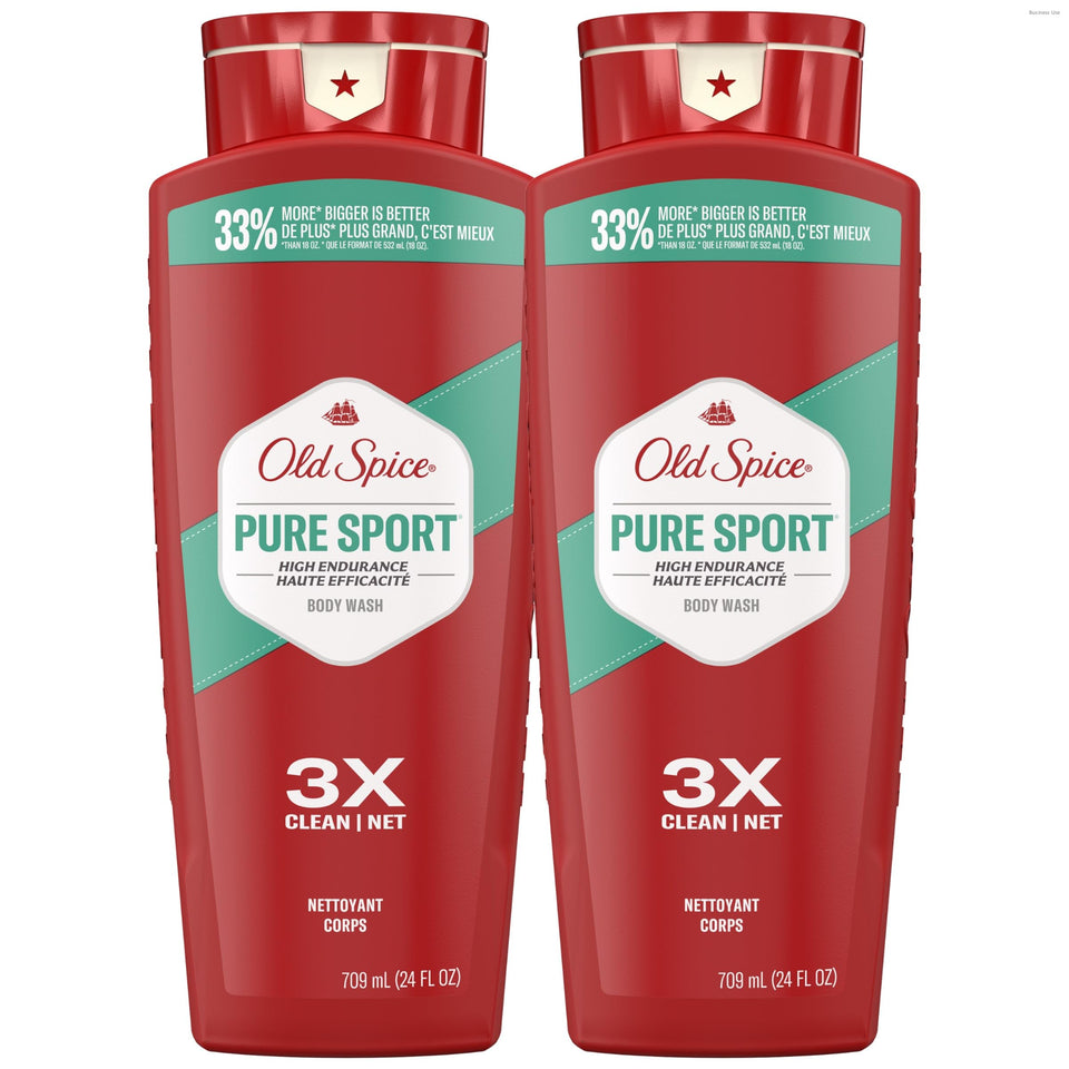 Old Spice front packaging showing Pure Sport scent and durable bottle benefit
