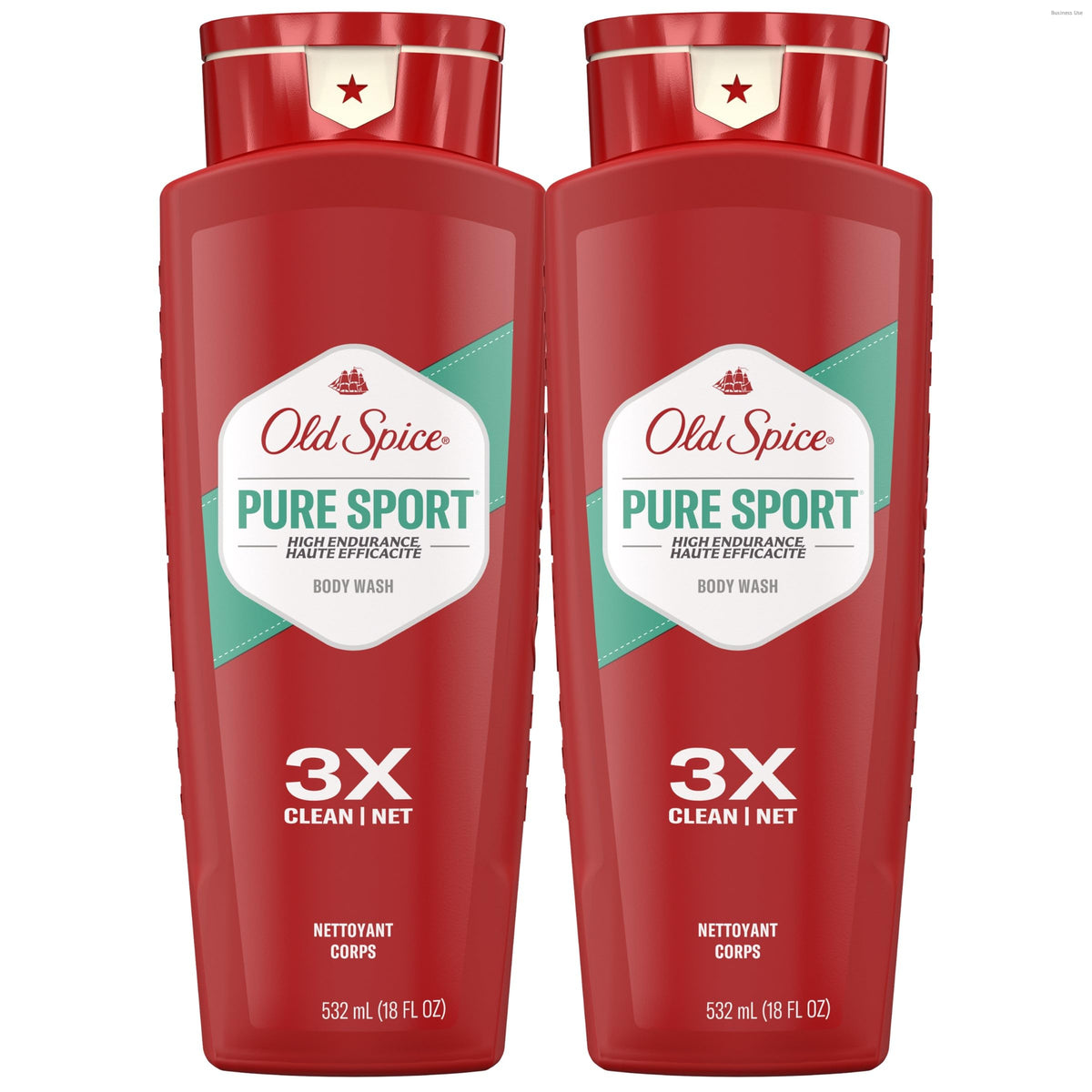 Old Spice bottle front packaging showing Pure Sport and long-lasting scent benefits
