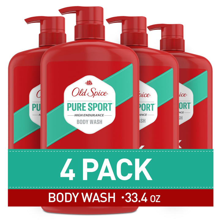 Old Spice bottle front packaging showing Pure Sport scent and large size benefit