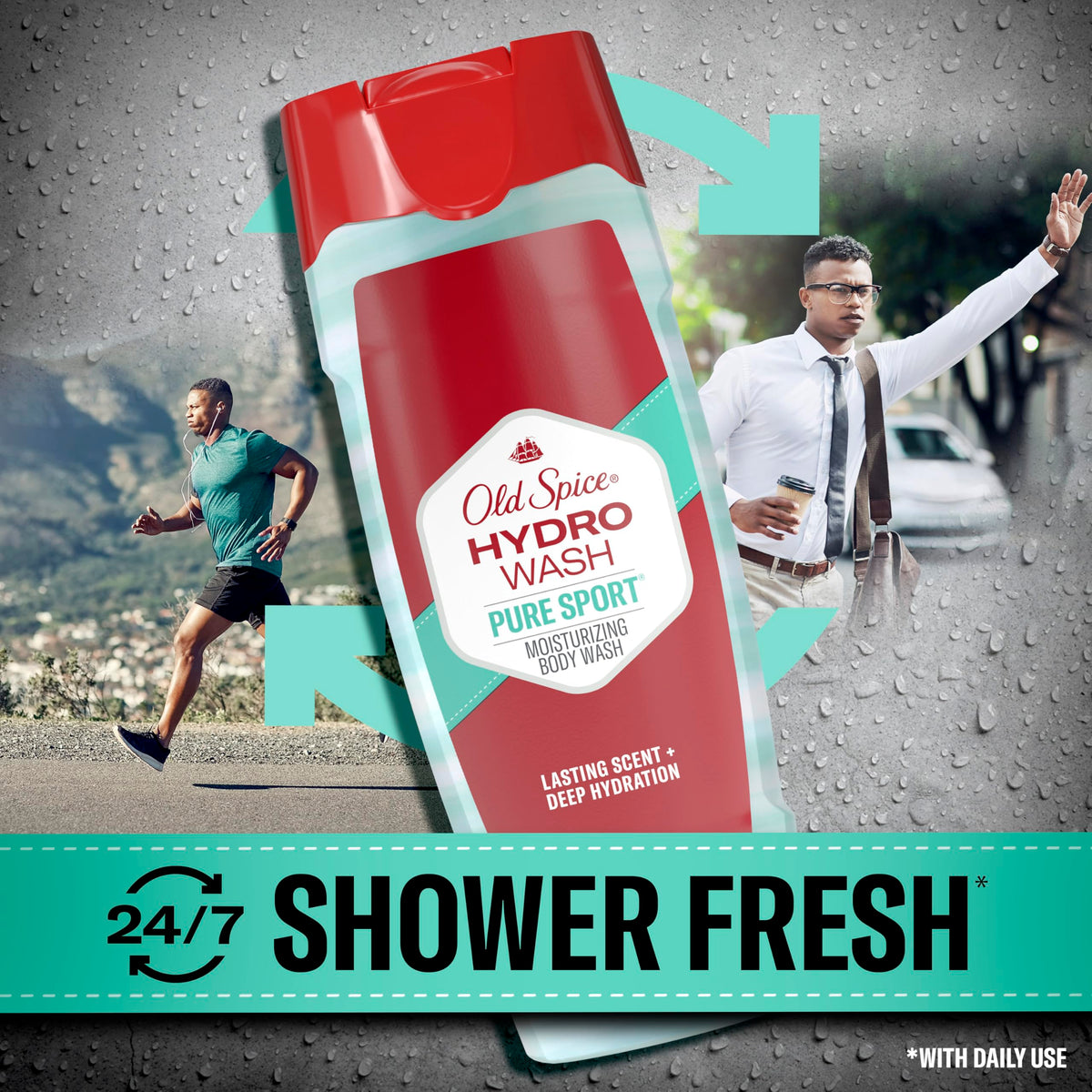 Old Spice Hydro Wash bottle in shower setting indicating daily-use convenience and refreshment