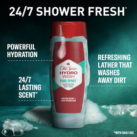 Old Spice Hydro Wash pump and label detail highlighting easy dispensing and clear branding