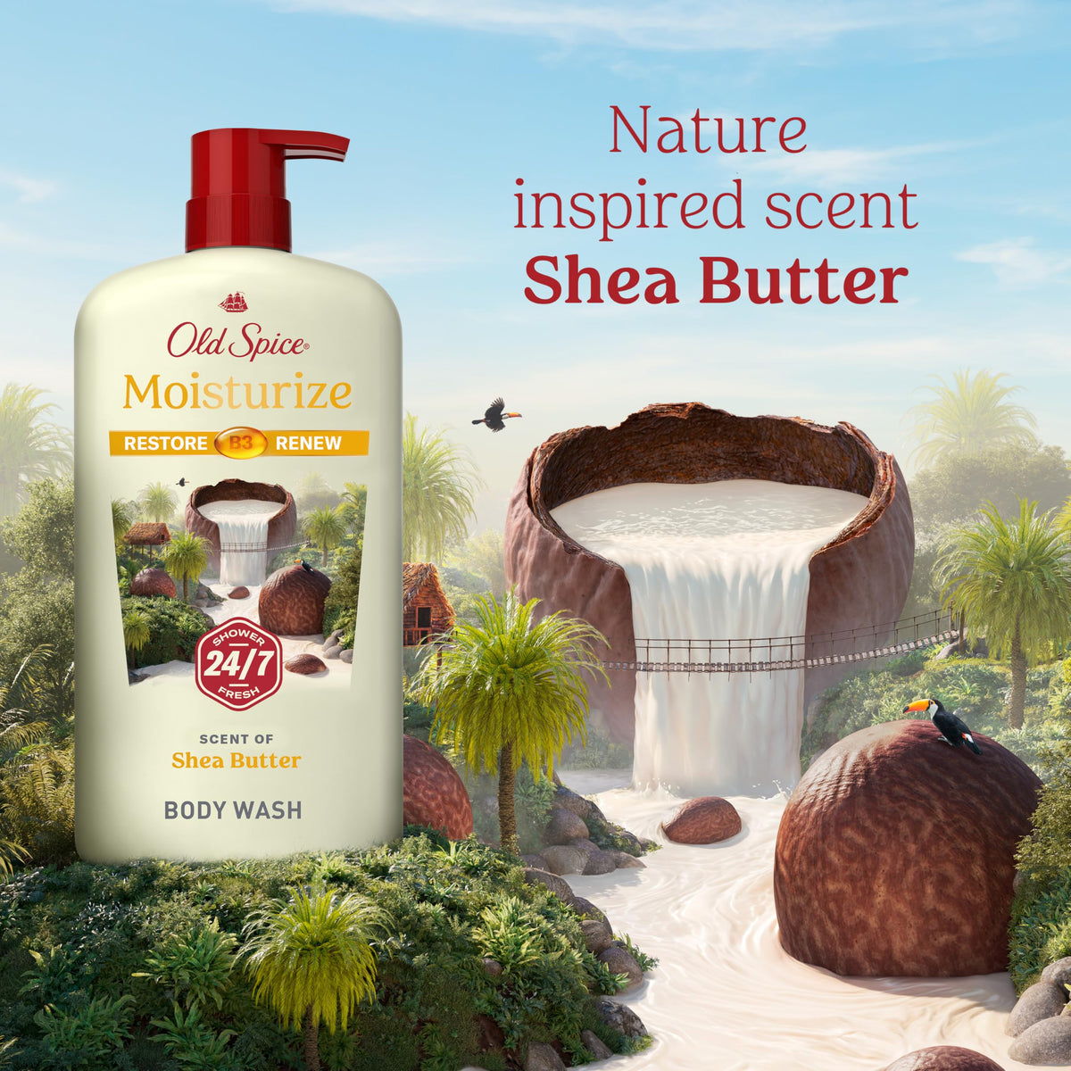 Old Spice shea butter ingredient highlight indicating skin-softening benefit
