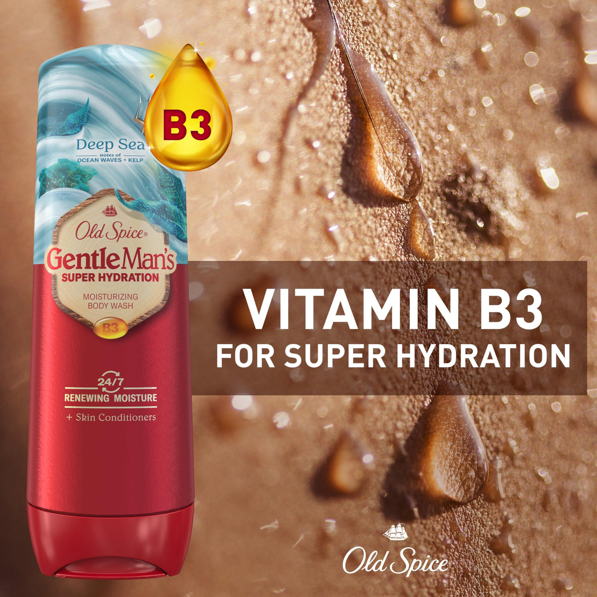 Old Spice ingredient highlights with vitamin B3 emphasizing skin-conditioning benefit