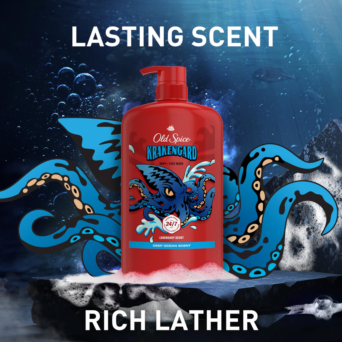 Old Spice Krakengard flip-top cap and dispense action showing easy single-handed use benefit