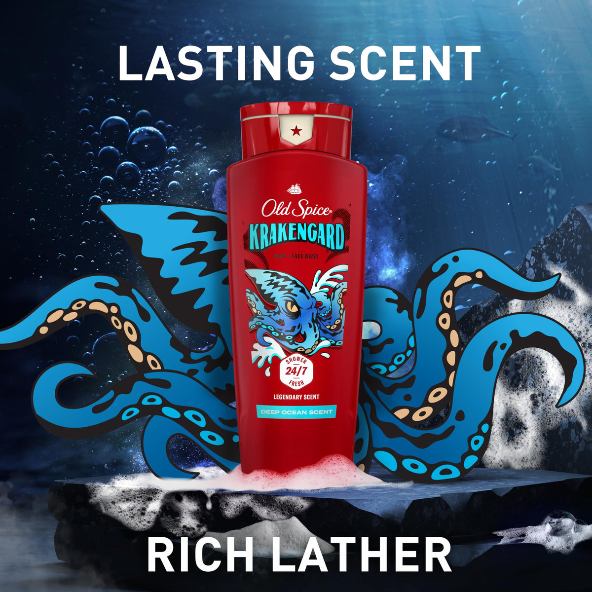 Old Spice Krakengard being used in shower for efficient body and face cleanse