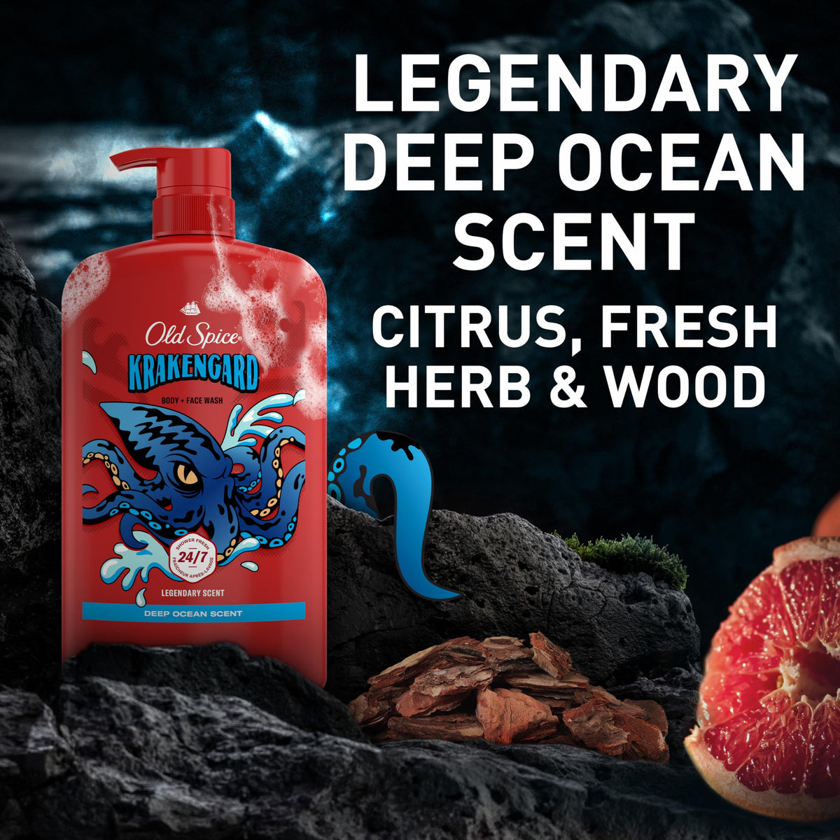 Old Spice Krakengard scent illustration with ocean and woods evoking fresh long-lasting fragrance benefit