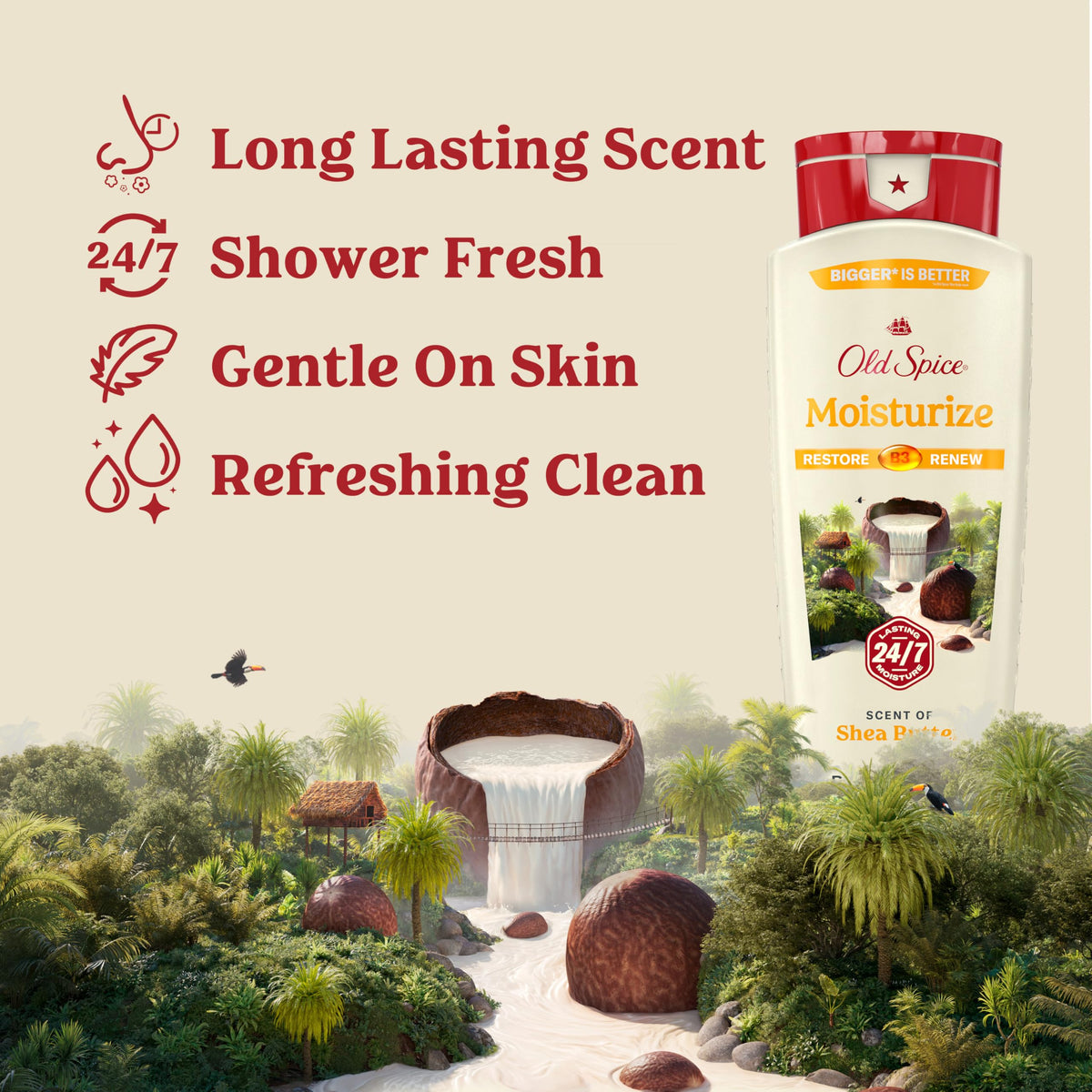 Close-up of Old Spice bottle texture and pump emphasizing easy dispensing