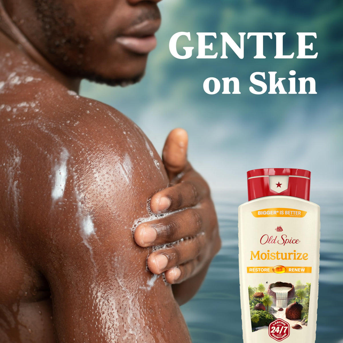Man using Old Spice in the shower for fresh clean skin after exercise