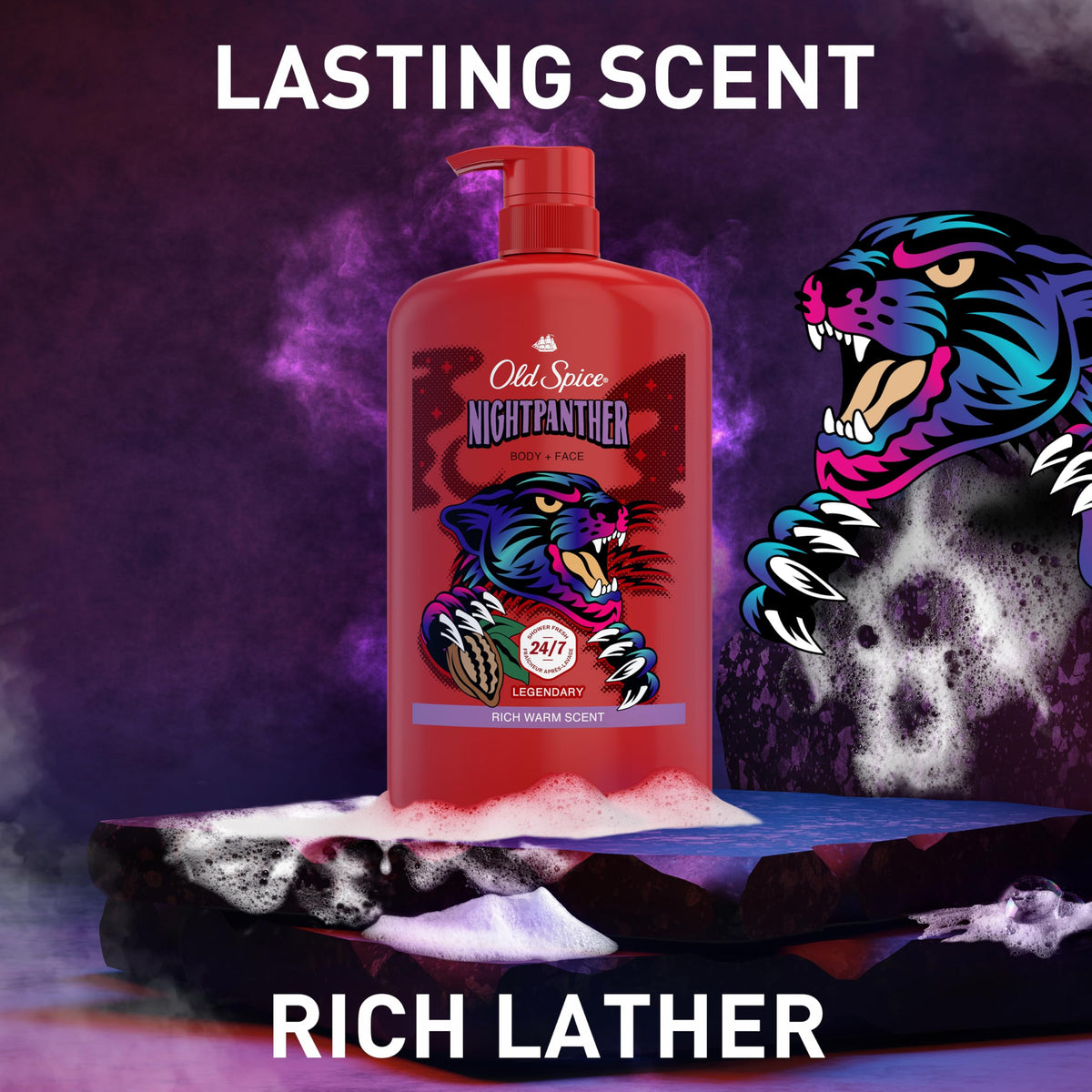 Old Spice NightPanther lather on hands demonstrating quick coverage and effective cleansing