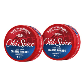 Old Spice front packaging showing pomade twin pack and branding benefit: reliable grooming