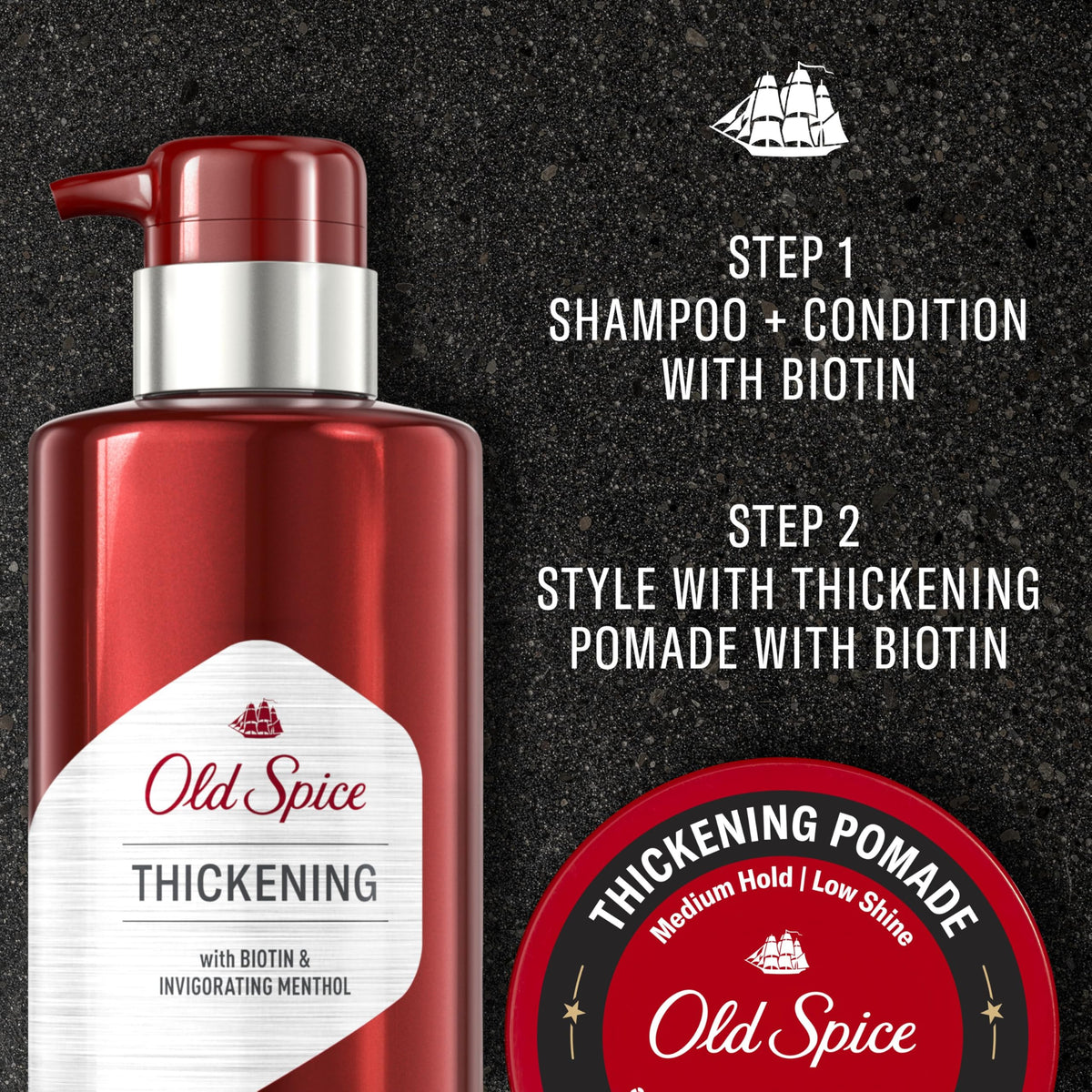 Old Spice label highlighting biotin, emphasizes ingredient benefit for thicker-looking hair