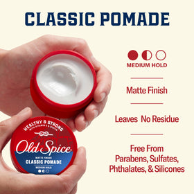 Old Spice pomade size comparison in hand displaying compact 2.22 oz portability