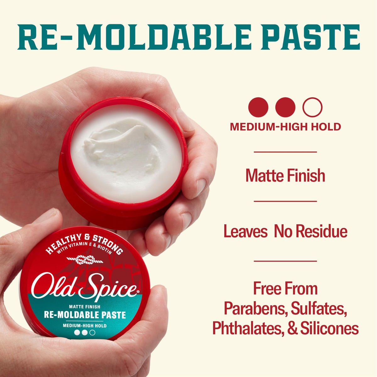 Old Spice product beside Vitamin E and biotin elements highlighting nourishing benefit