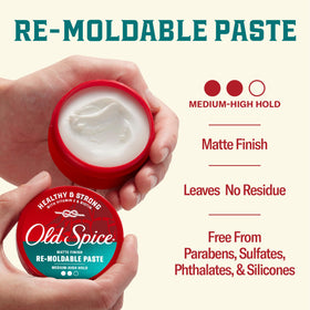 Old Spice product beside Vitamin E and biotin elements highlighting nourishing benefit