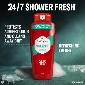 Old Spice close-up label highlights Pure Sport scent and endurance benefits