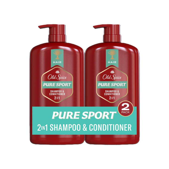 Old Spice Pure Sport front packaging showing large twin bottles and branding benefit