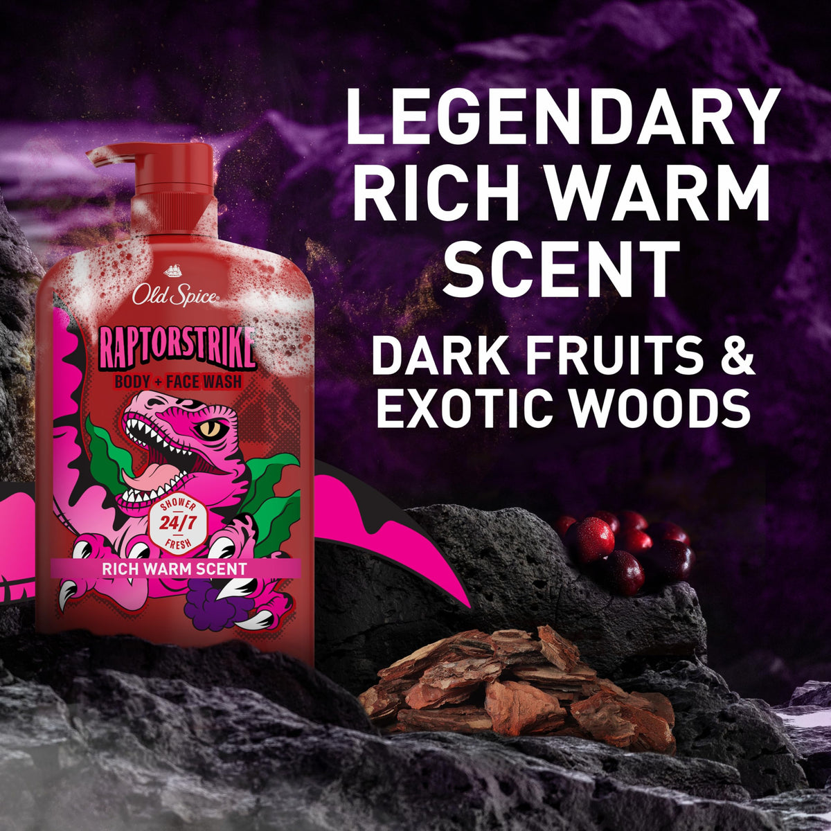 Old Spice styled dark berry and wood props hinting fragrance notes
