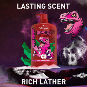 Old Spice bottle in use under shower stream showing effective cleansing