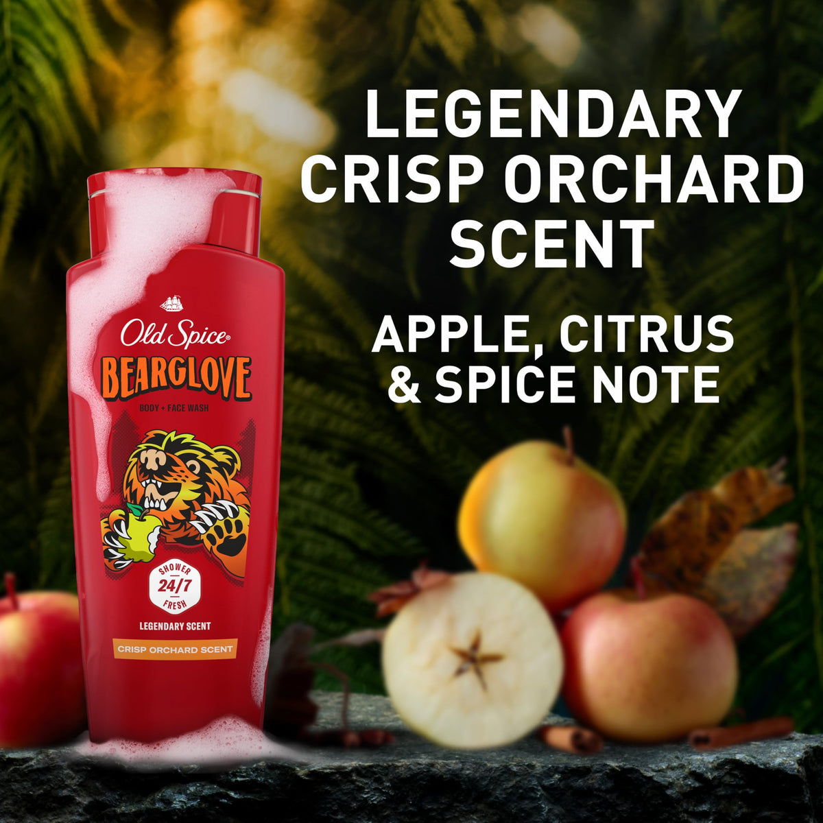 Old Spice scent imagery with apples and citrus highlighting fresh aroma