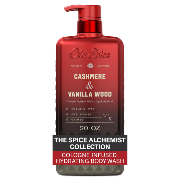 Old Spice front packaging showing Cashmere + Vanilla Wood scent and benefit