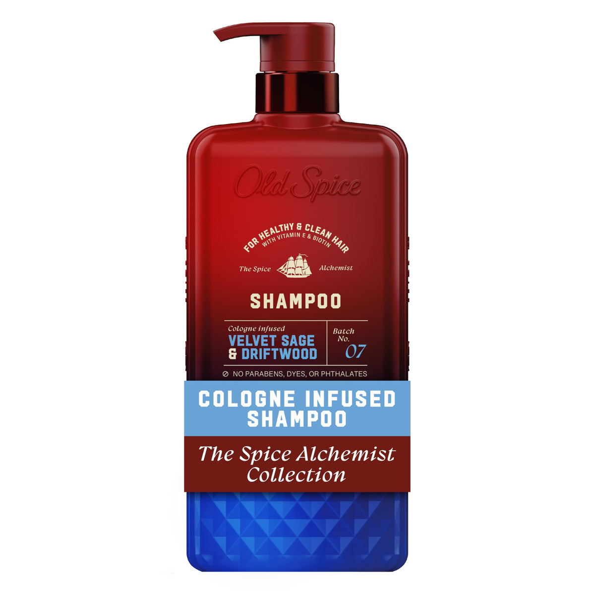 Old Spice bottle front packaging showing Velvet Sage & Driftwood scent benefits