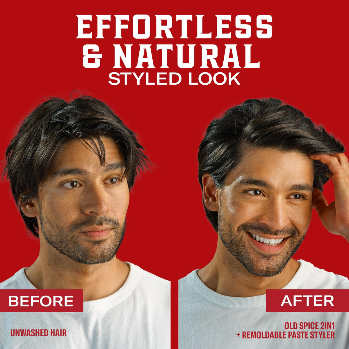 Old Spice styled hair before and after showing natural matte texture benefit