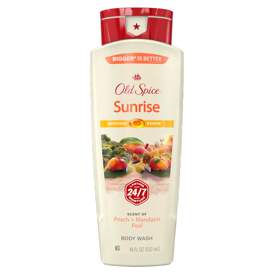 Old Spice bottle front label showing sunrise scent and benefits