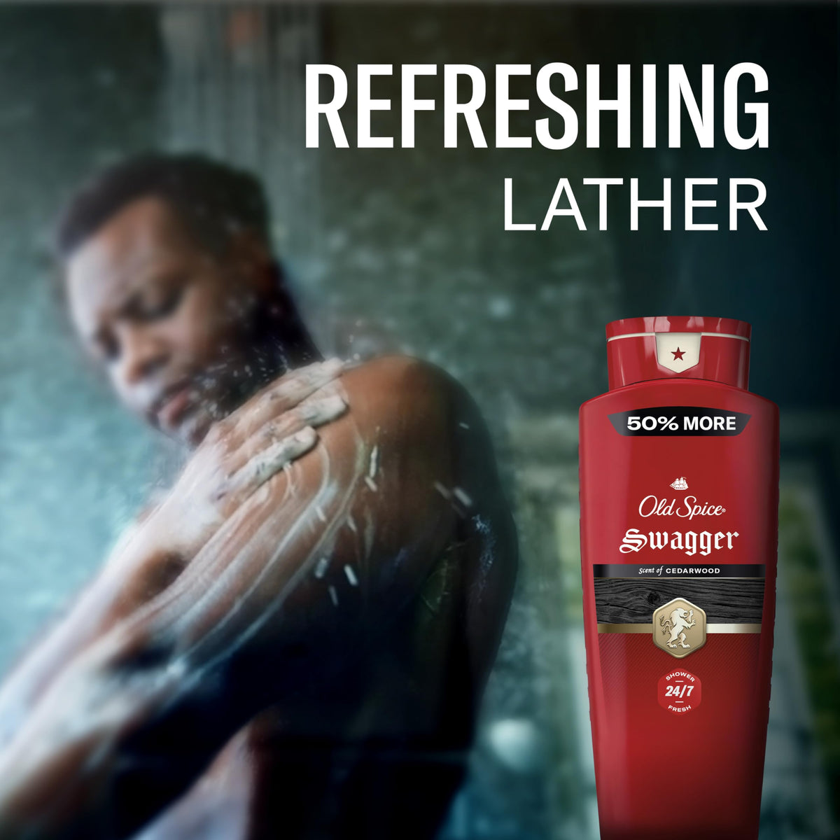 Old Spice Swagger on bathroom shelf in lifestyle scene, demonstrates everyday grooming use