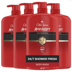 Old Spice Swagger front packaging showing cedarwood scent and large bottle benefit