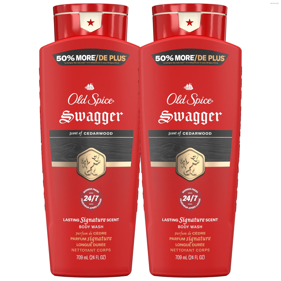 Old Spice Swagger front packaging showing bold red bottle and scent, inspires confidence