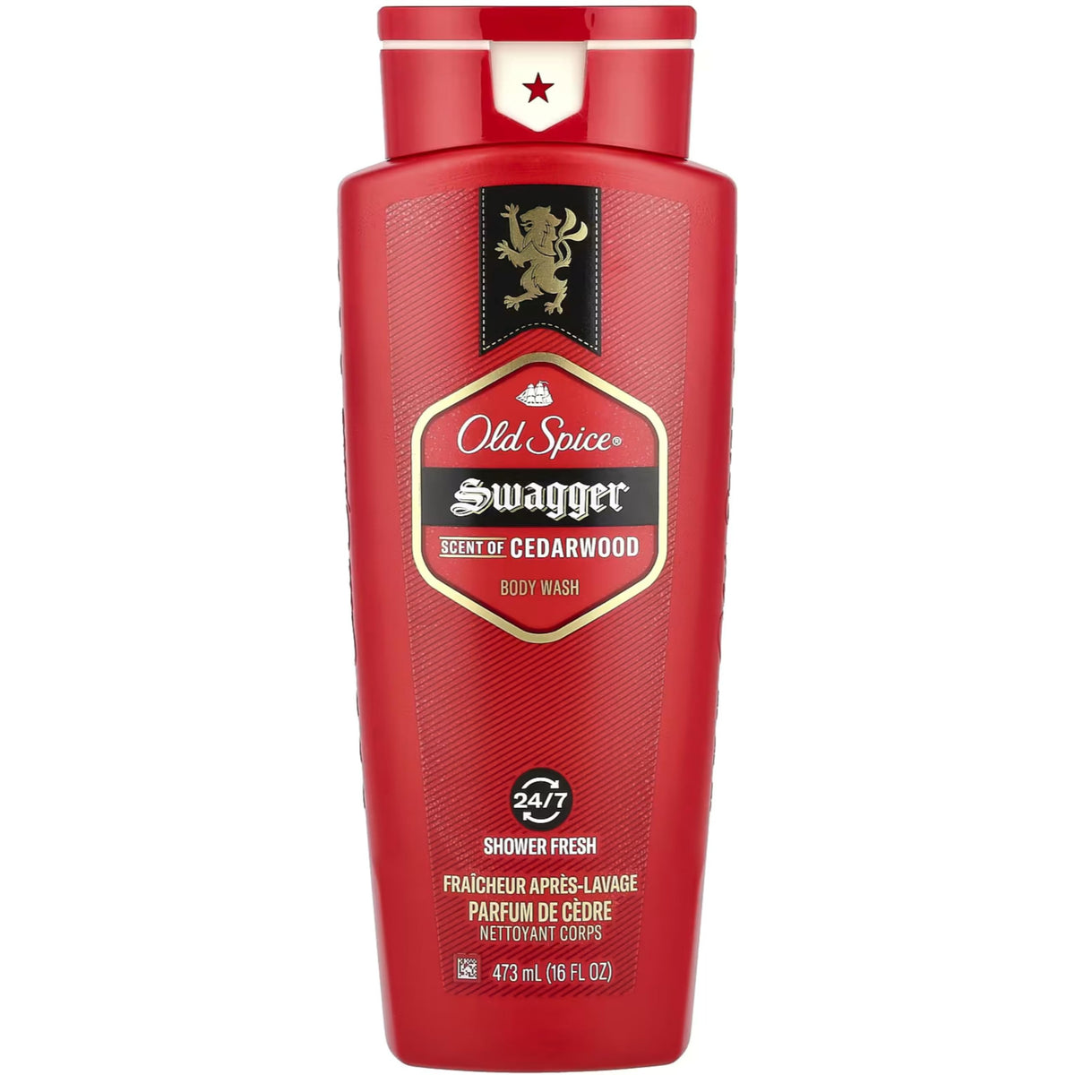 Old Spice Swagger front packaging shows cedarwood fragrance and benefit
