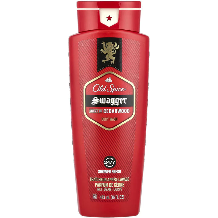 Old Spice Swagger front packaging shows cedarwood fragrance and benefit