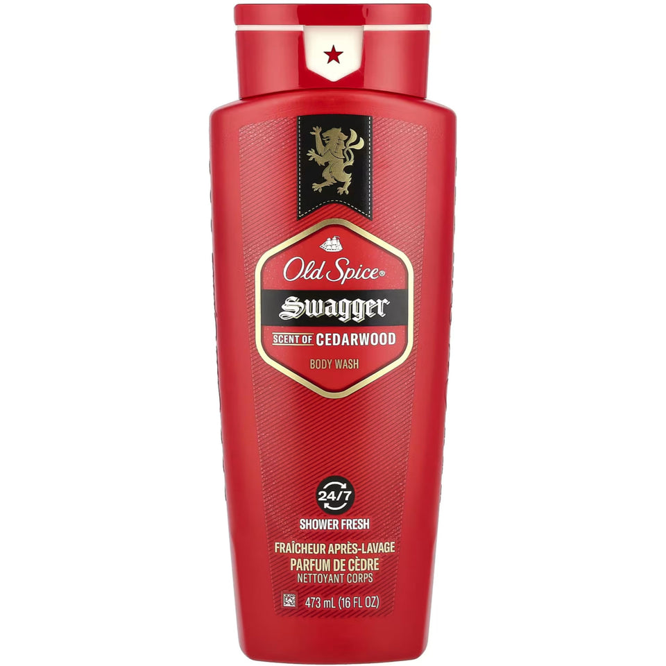 Old Spice Swagger front packaging shows cedarwood fragrance and benefit