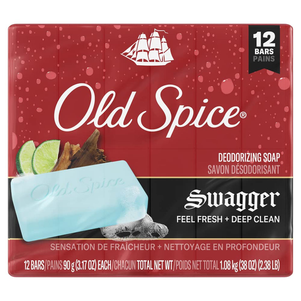 Old Spice Swagger front packaging showing 12-bar pack and bold branding benefit convenience