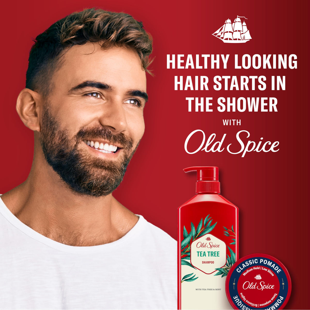 Old Spice twin pack staged on bathroom shelf for value and storage