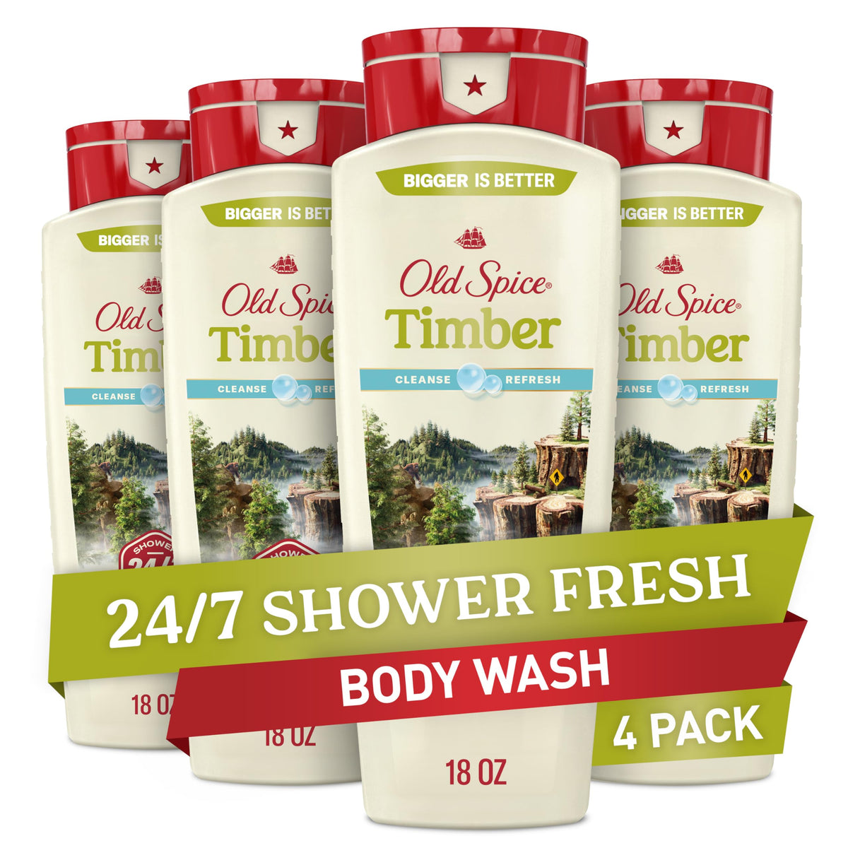 Old Spice front label showing Timber sandalwood scent and lasting freshness benefit