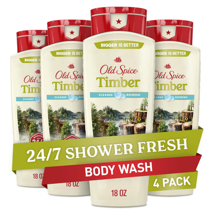 Old Spice front label showing Timber sandalwood scent and lasting freshness benefit
