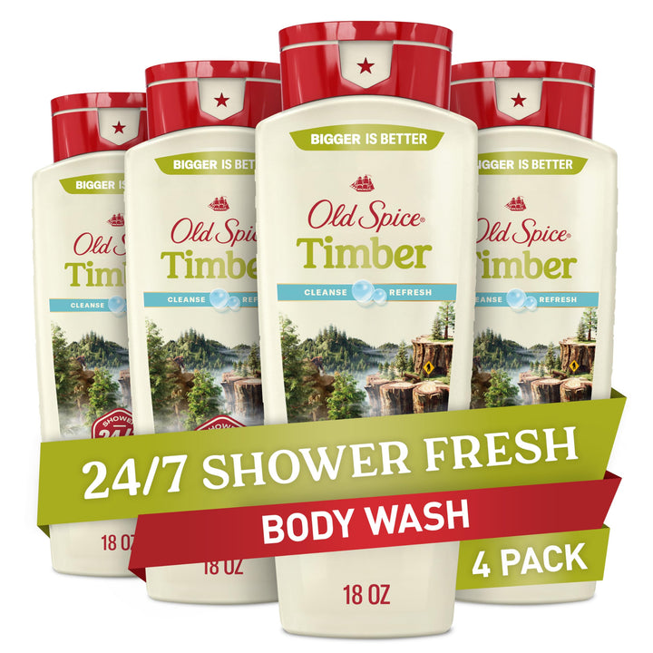 Old Spice front label showing Timber sandalwood scent and lasting freshness benefit