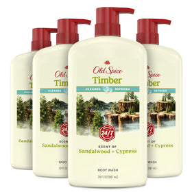 Old Spice front view of Timber with Sandalwood 30 oz bottle showing product benefit