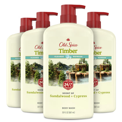 Old Spice front view of Timber with Sandalwood 30 oz bottle showing product benefit