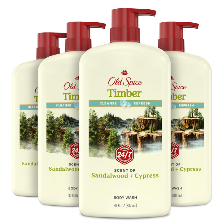 Old Spice front view of Timber with Sandalwood 30 oz bottle showing product benefit