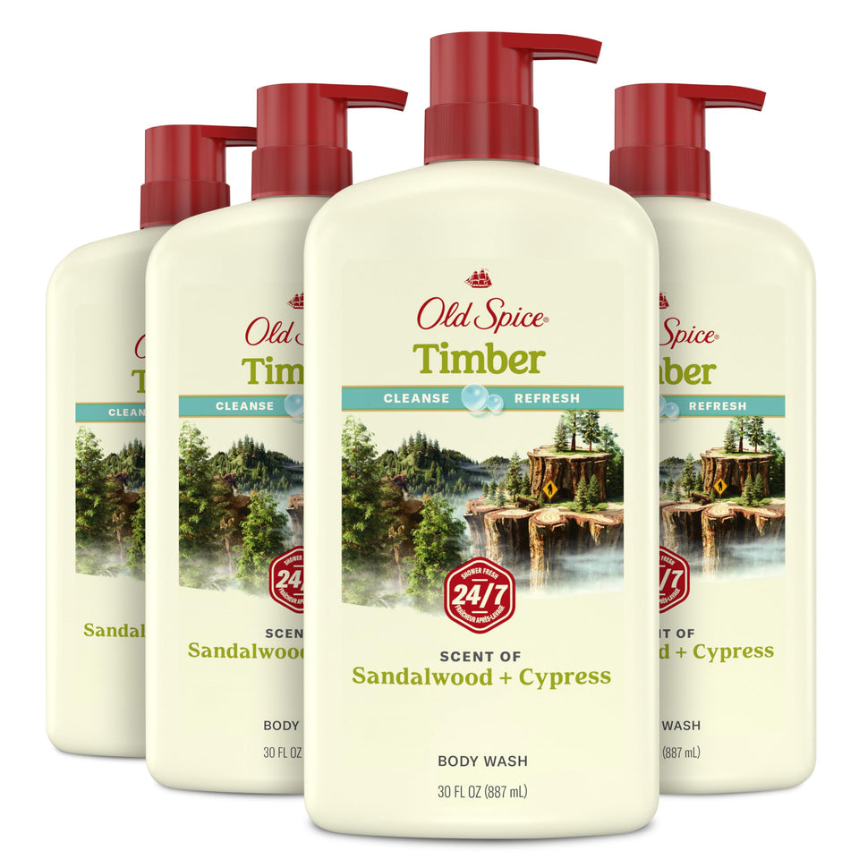Old Spice front view of Timber with Sandalwood 30 oz bottle showing product benefit
