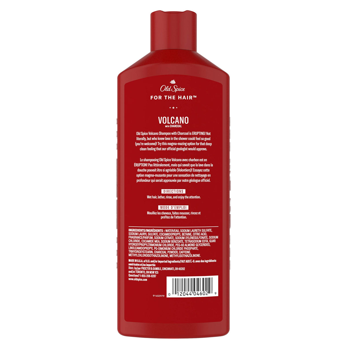 Old Spice Volcano back label with ingredients and usage instructions benefit