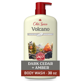 Old Spice Volcano front bottle showing dark cedar amber scent and 30 oz size benefit