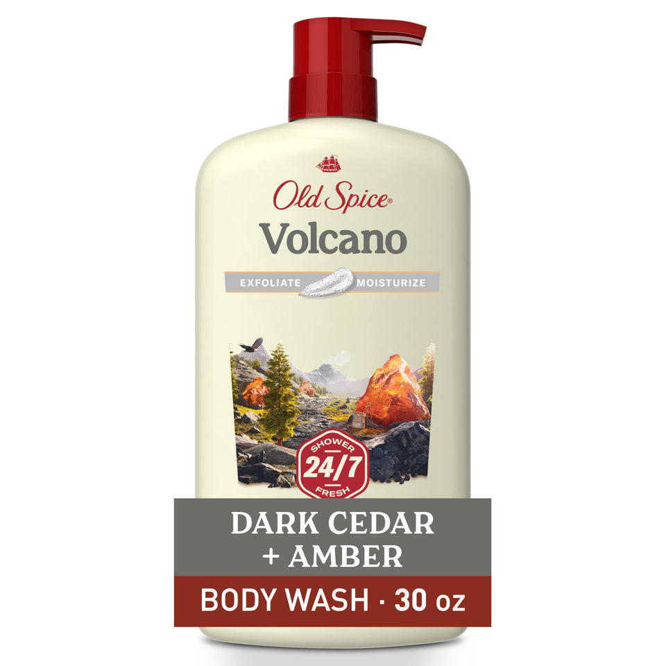 Old Spice Volcano front bottle showing dark cedar amber scent and 30 oz size benefit