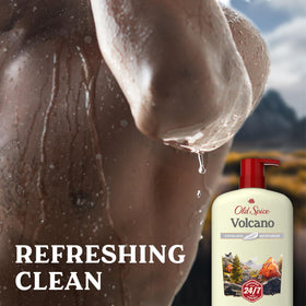Old Spice Volcano used with loofah in shower illustrating exfoliation benefit